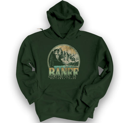 Banff National Park Groovy Screenprint Hoodie - Forest Green