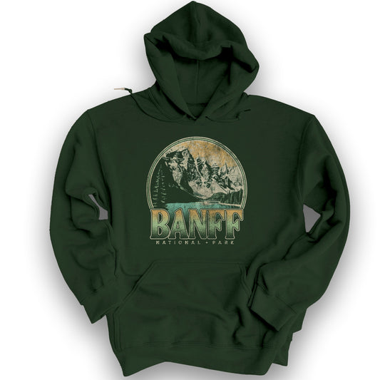 Banff National Park Groovy Screenprint Hoodie - Forest Green