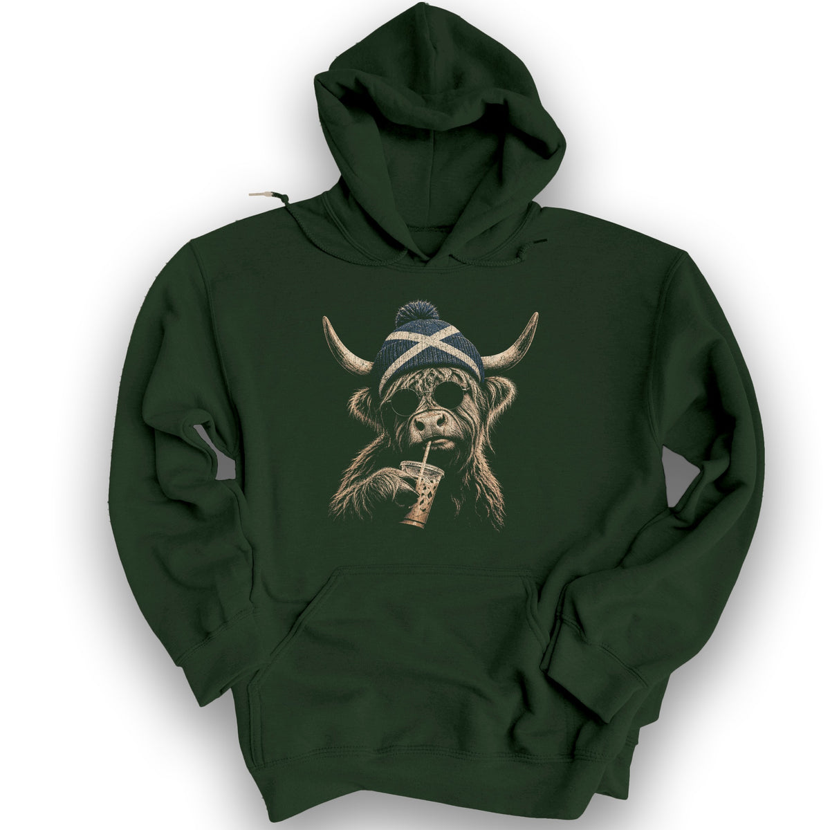 Highland Cow Beanie Hoodie - Forest Green