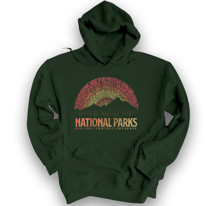 National Parks Word Art "Vintage Sunset" Hoodie - Forest Green