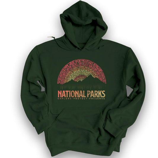 National Parks Word Art "Vintage Sunset" Hoodie - Forest Green