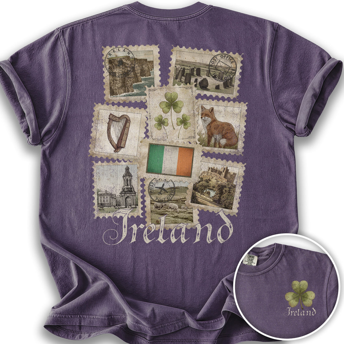 Ireland Vintage Stamps Front/Back Print T-Shirt - Grape