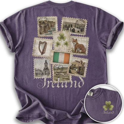 Ireland Vintage Stamps Front/Back Print T-Shirt - Grape