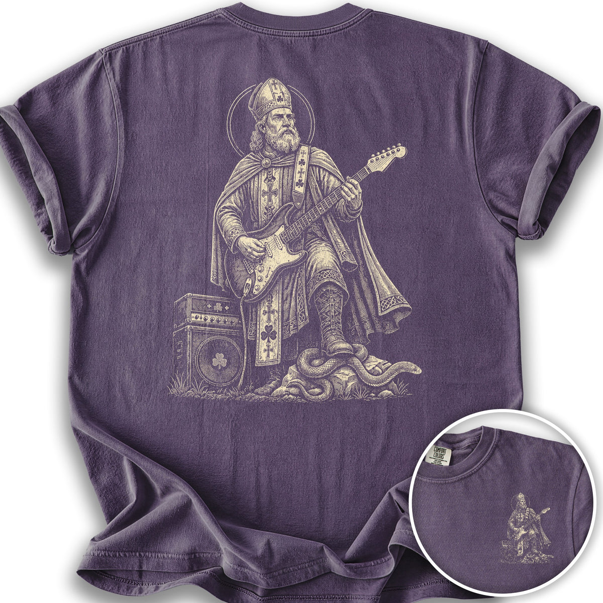 Saint Patrick Guitar Front/Back Print T-Shirt - Grape