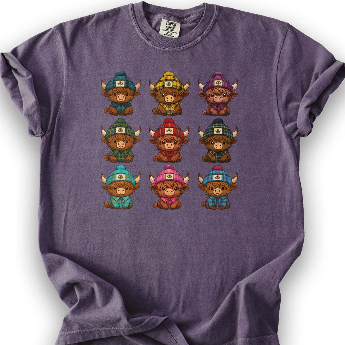 Tartan Highland Cows T-Shirt - Grape
