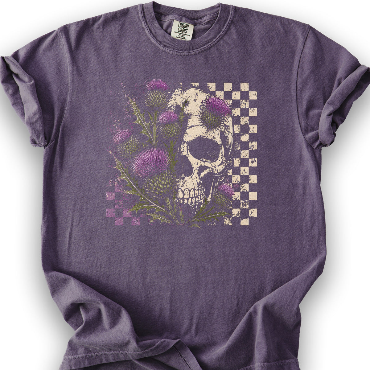 Thistle Skull Check T-Shirt - Grape