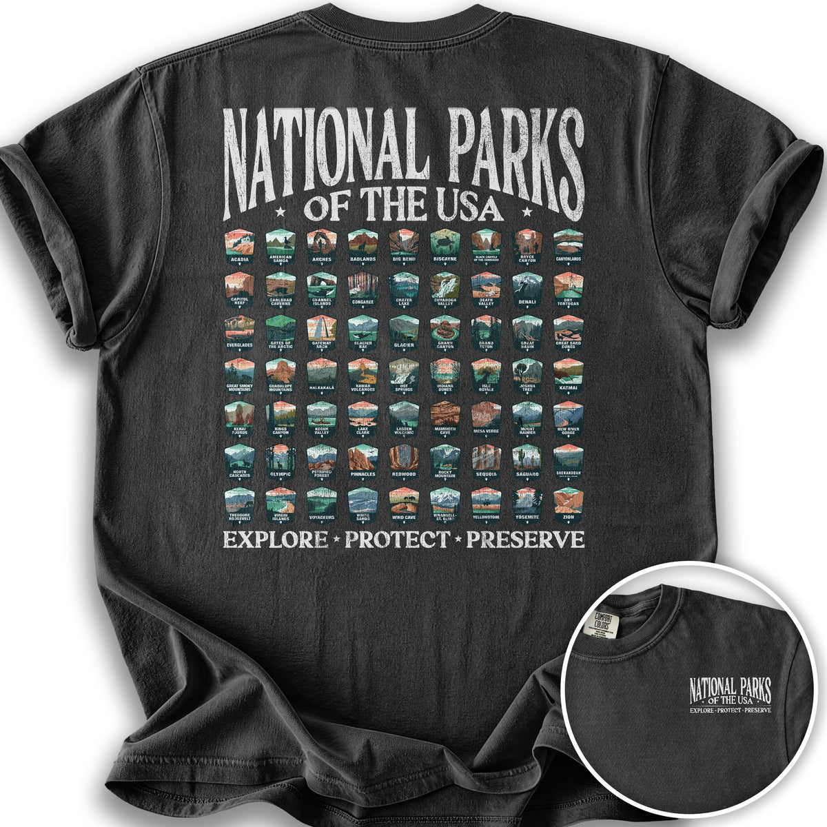 National Parks of the USA 63 Badges Front/Back Print T-Shirt - Graphite