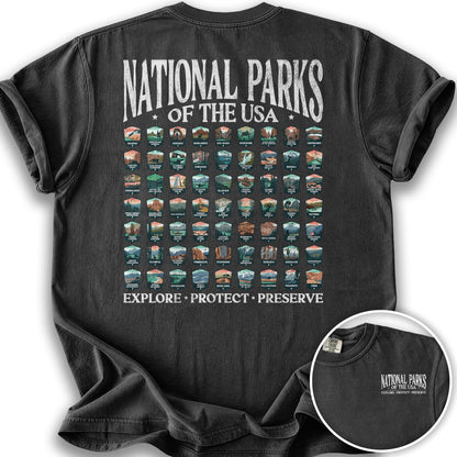 National Parks of the USA 63 Badges Front/Back Print T-Shirt - Graphite