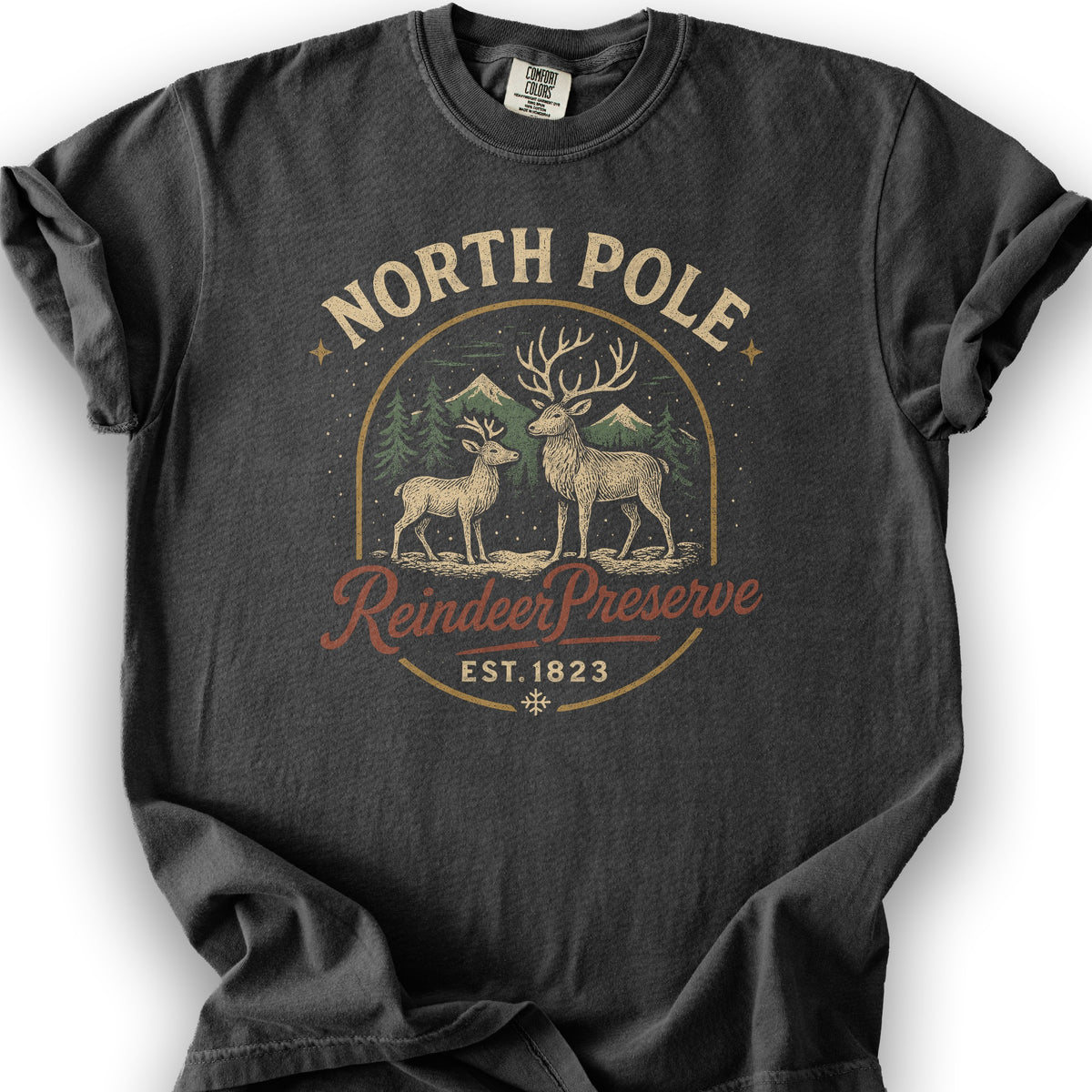 North Pole Reindeer Preserve Vintage Print T-Shirt - Graphite