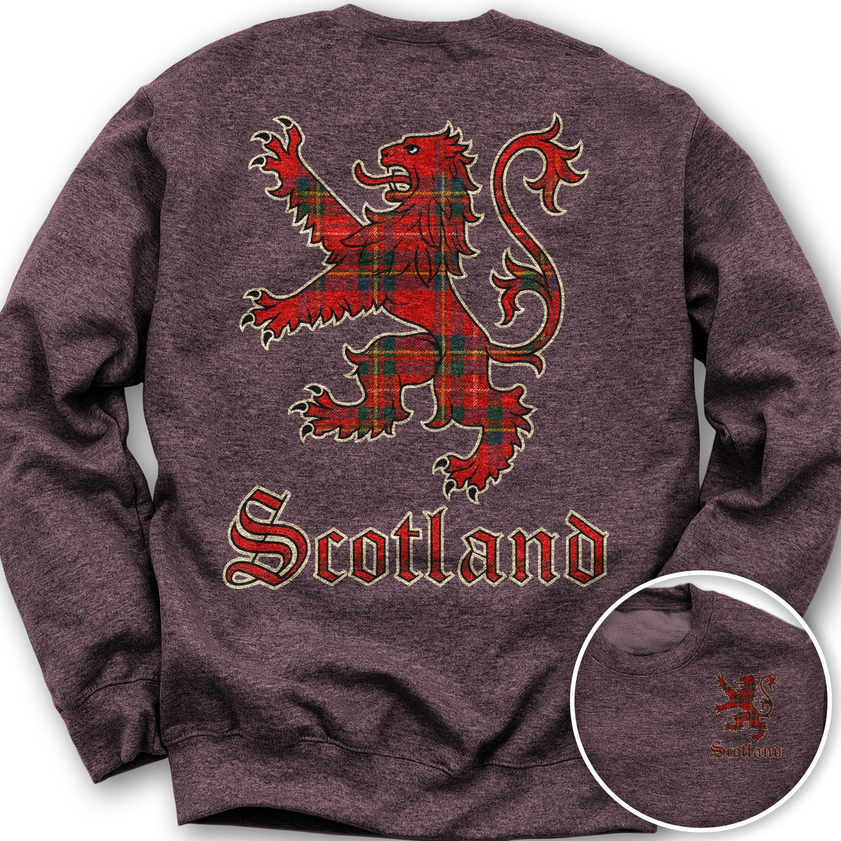 Scotland Tartan Lion Front/Back Print Sweatshirt - Heather Sport Dark Maroon