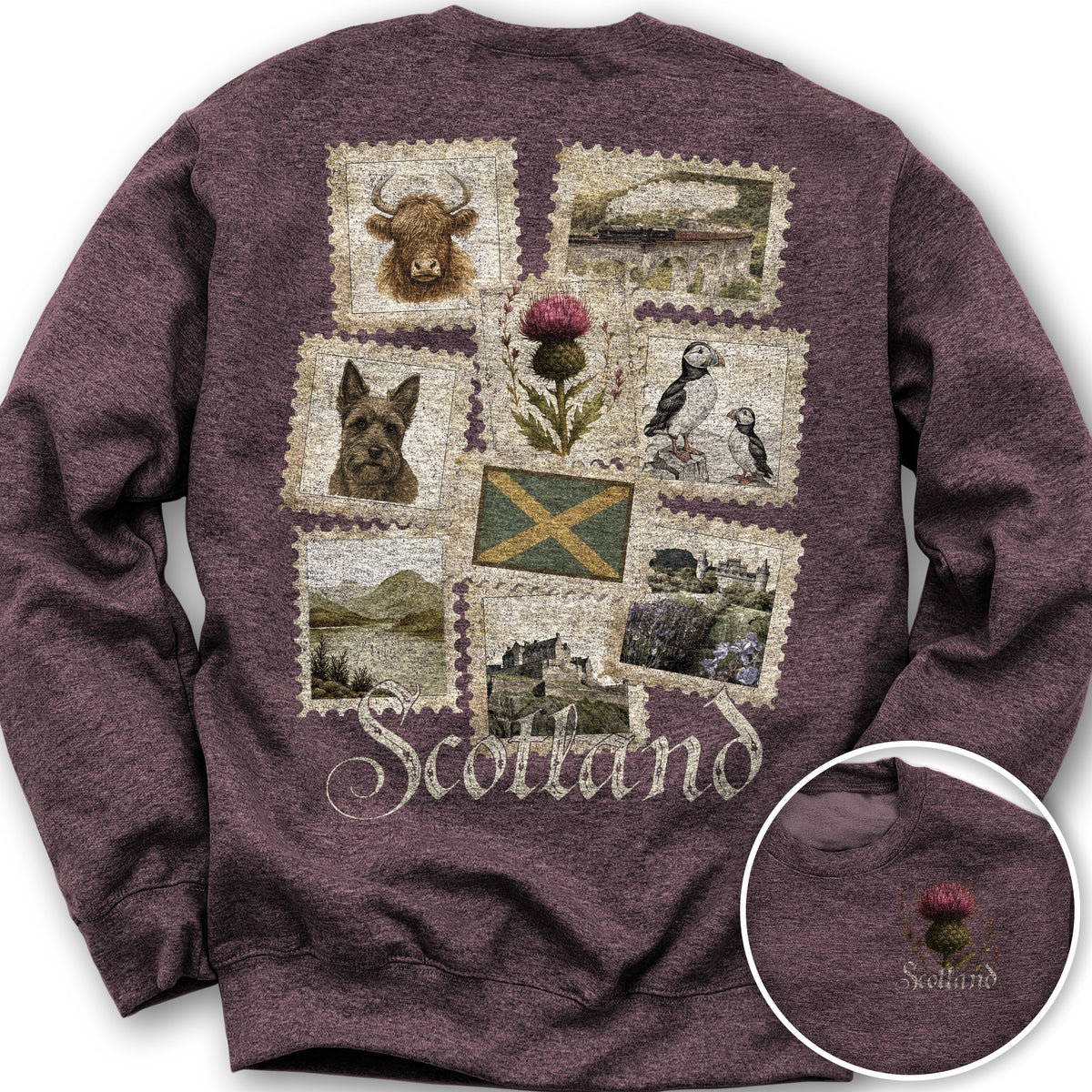 Scotland Vintage Stamps Front/Back Print Sweatshirt - Heather Sport Dark Maroon