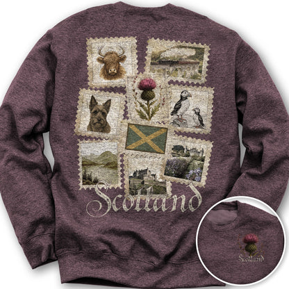 Scotland Vintage Stamps Front/Back Print Sweatshirt - Heather Sport Dark Maroon