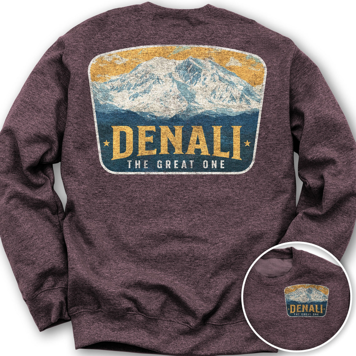 Denali "The Great One" Vintage Badge Front/Back Print Sweatshirt - Heather Sport Dark Maroon