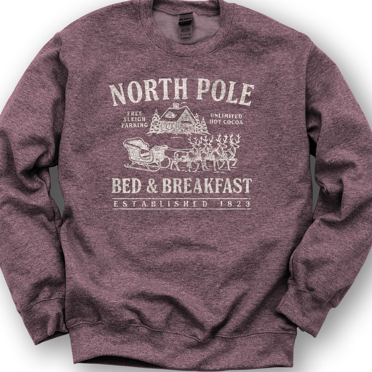 North Pole Bed and Breakfast Vintage Print Sweatshirt - Heather Sport Dark Maroon