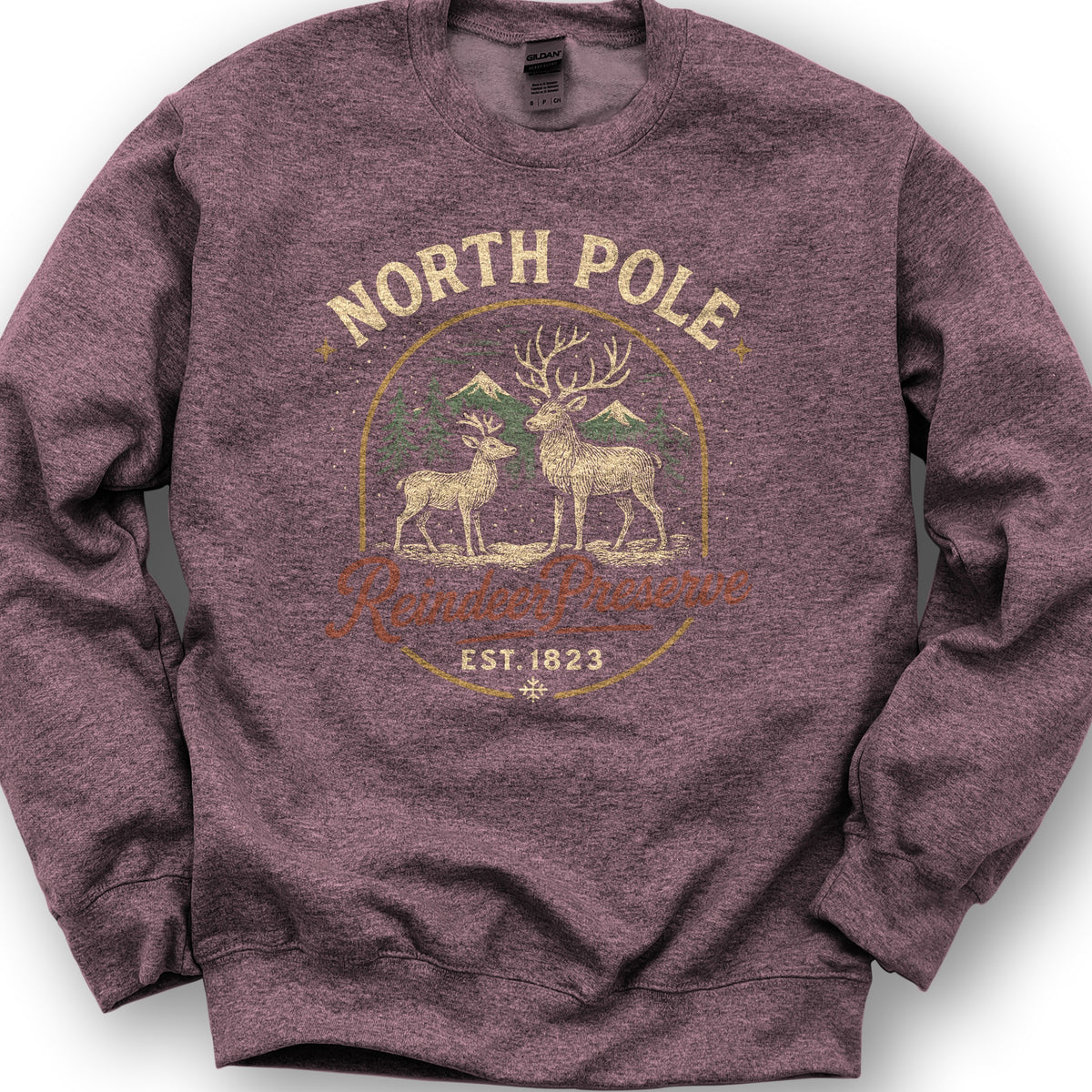 North Pole Reindeer Preserve Vintage Print Sweatshirt - Heather Sport Dark Maroon