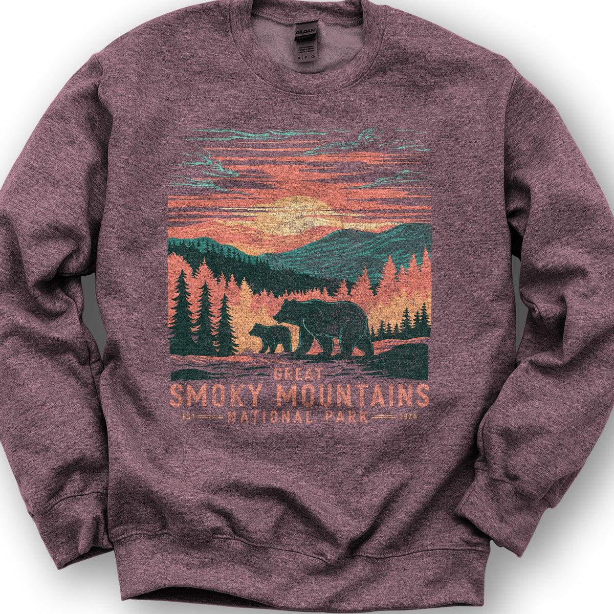 Great Smoky Mountains Sunset Bears Sweatshirt - Heather Sport Dark Maroon