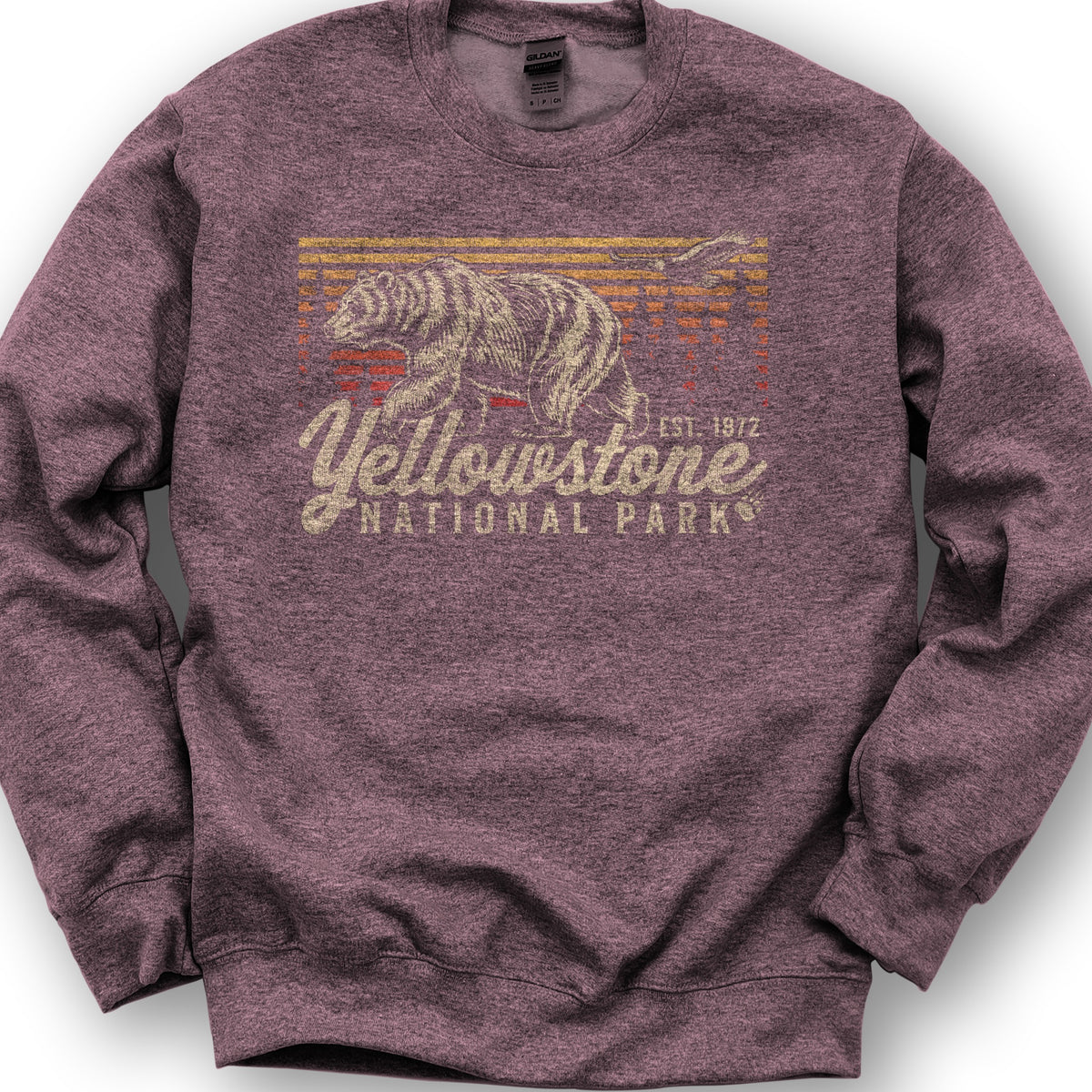 Yellowstone National Park "Vintage Sunset Bear" Sweatshirt - Heather Sport Dark Maroon