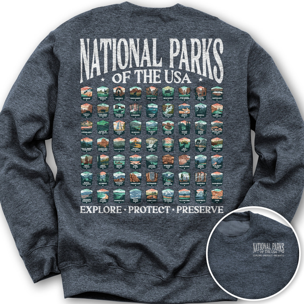 National Parks of the USA 63 Badges Front/Back Print Sweatshirt - Heather Sport Dark Navy