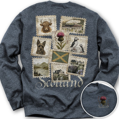 Scotland Vintage Stamps Front/Back Print Sweatshirt - Heather Sport Dark Navy