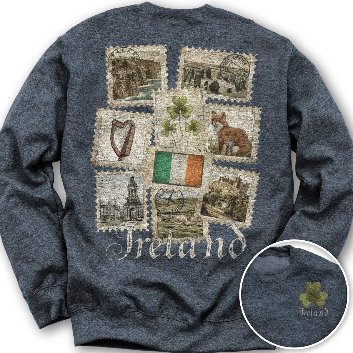 Ireland Vintage Stamps Front/Back Print Sweatshirt - Heather Sport Dark Navy