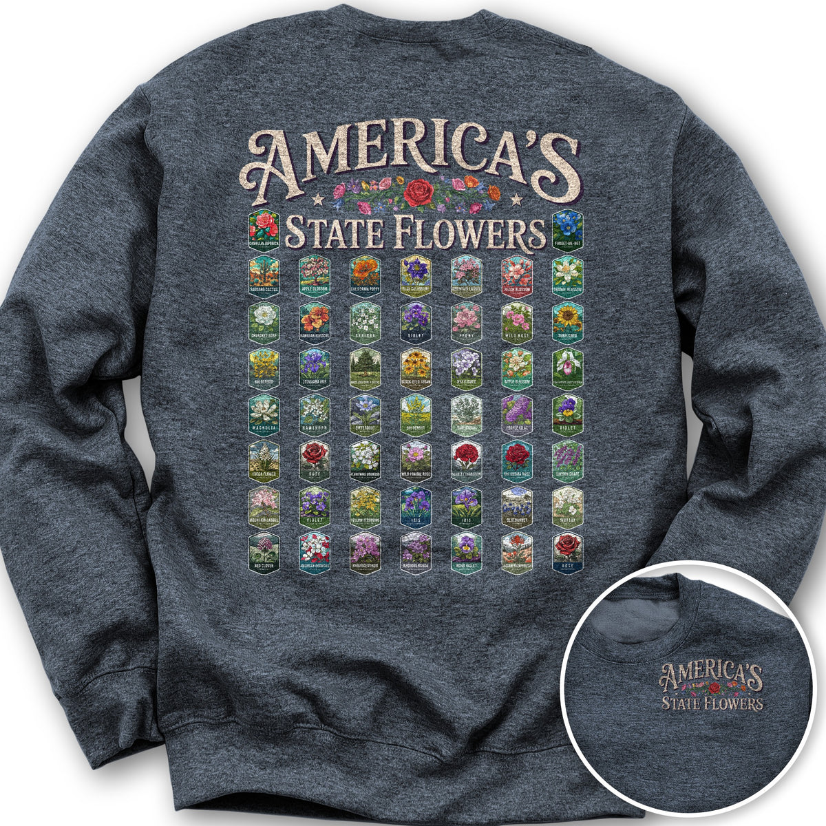 America's State Flowers Front/Back Print Sweatshirt - Heather Sport Dark Navy