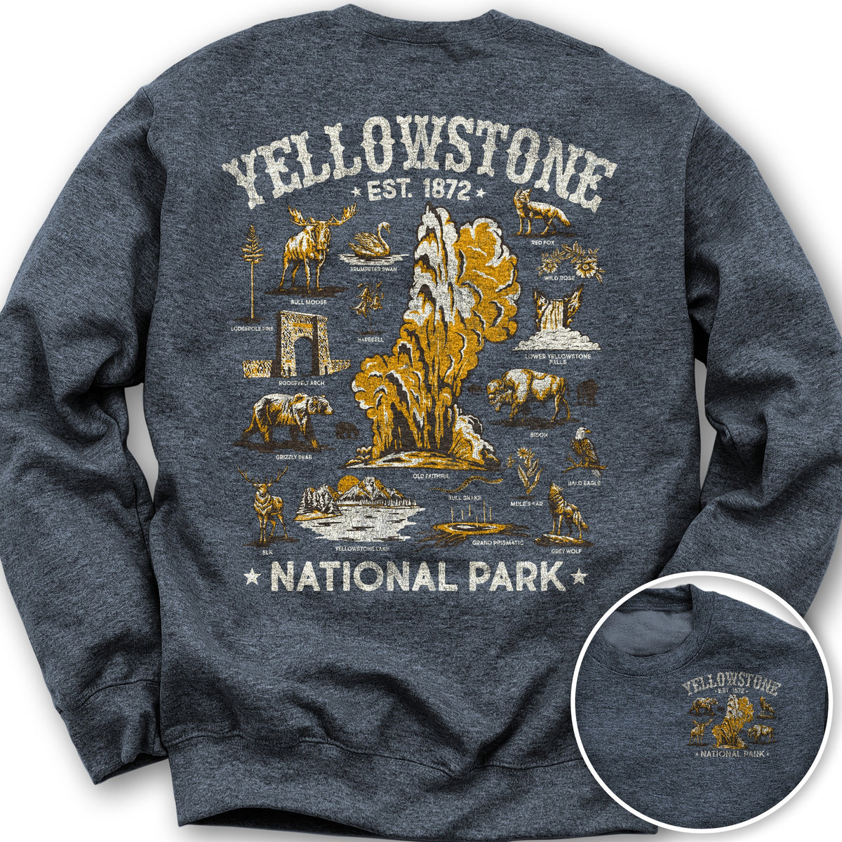 Yellowstone National Park Vintage Front/Back Print Sweatshirt - Heather Sport Dark Navy
