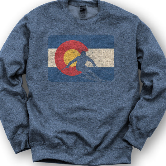 Colorado Flag Skier Sweatshirt - Heather Sport Dark Navy