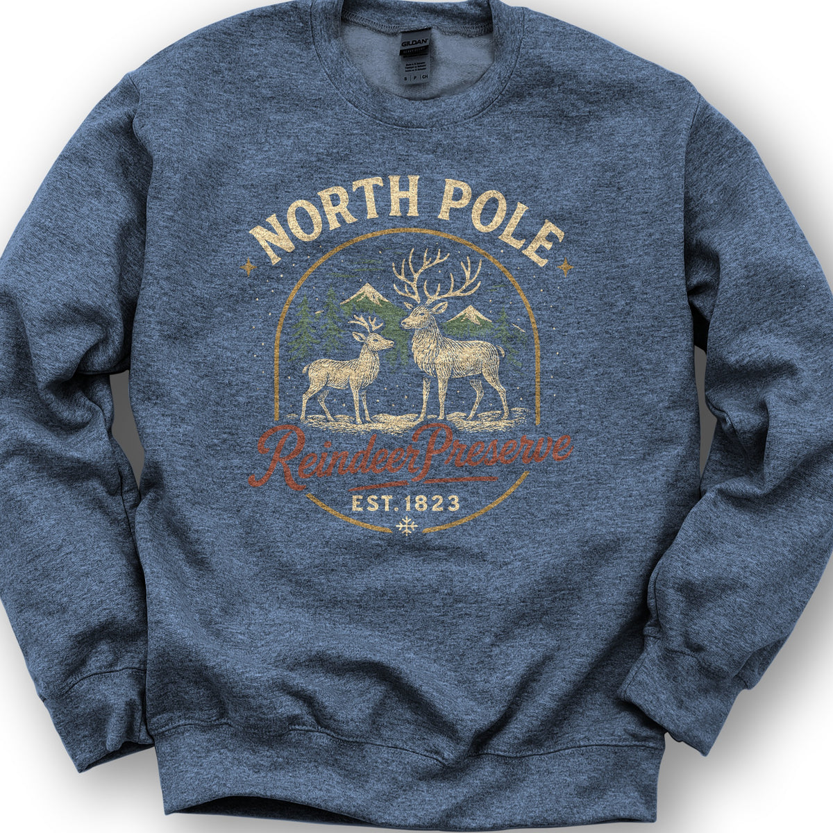 North Pole Reindeer Preserve Vintage Print Sweatshirt - Heather Sport Dark Navy