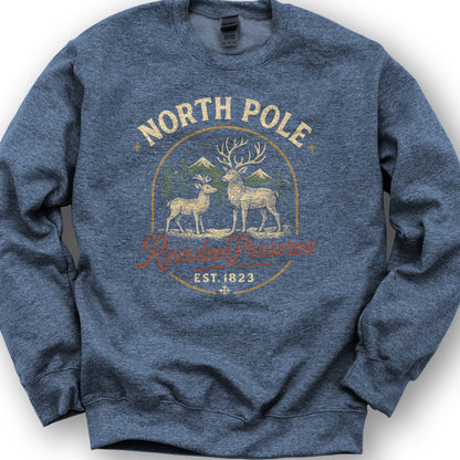 North Pole Reindeer Preserve Vintage Print Sweatshirt - Heather Sport Dark Navy