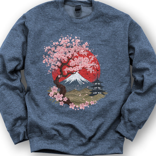 Mount Fuji Cherry Blossoms Sweatshirt - Heather Sport Dark Navy