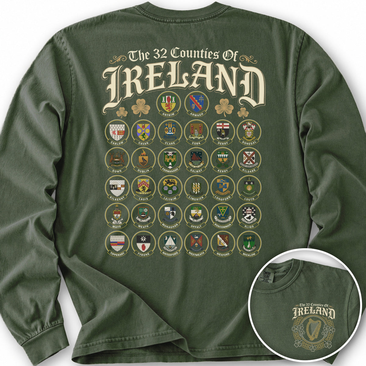 Ireland County Crests Front/Back Print Long Sleeve Shirt - Hemp