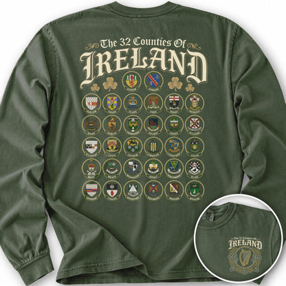 Ireland County Crests Front/Back Print Long Sleeve Shirt - Hemp
