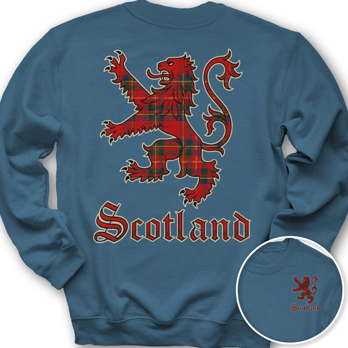 Scotland Tartan Lion Front/Back Print Sweatshirt - Indigo Blue
