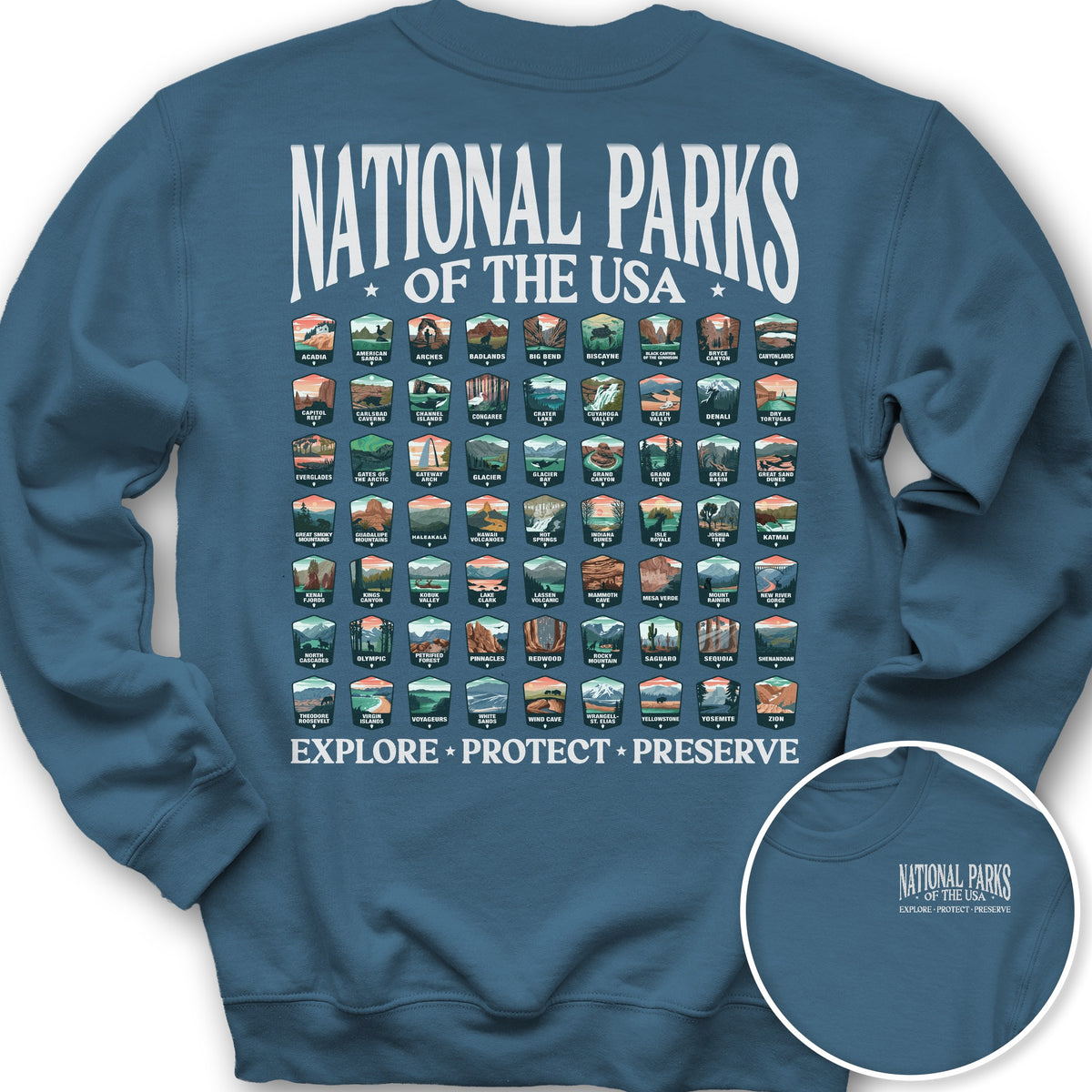 National Parks of the USA 63 Badges Front/Back Print Sweatshirt - Indigo Blue