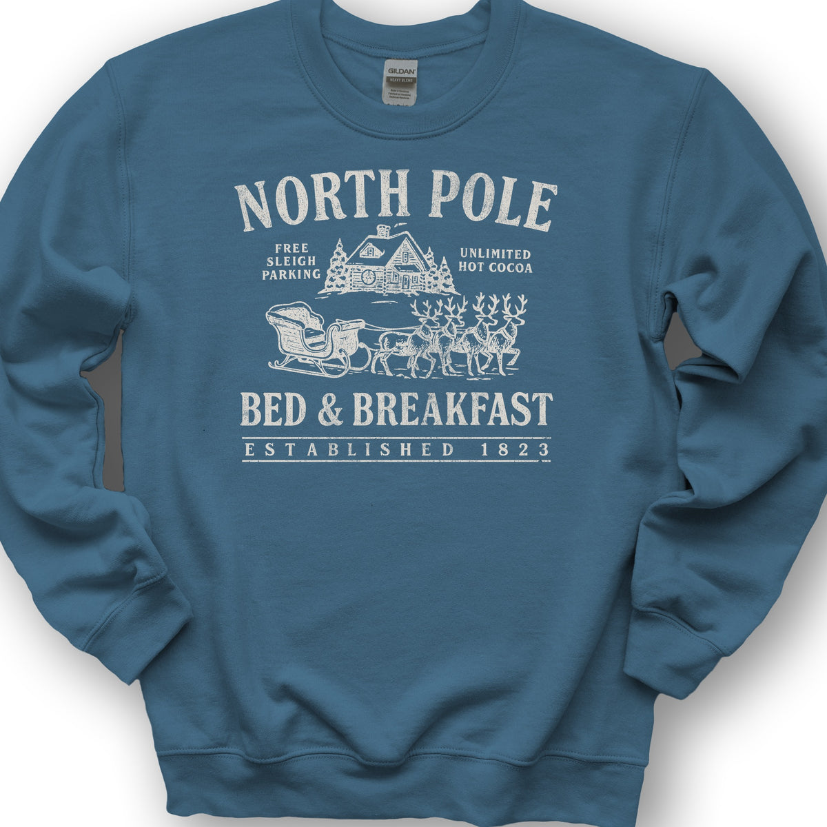 North Pole Bed and Breakfast Vintage Print Sweatshirt - Indigo Blue
