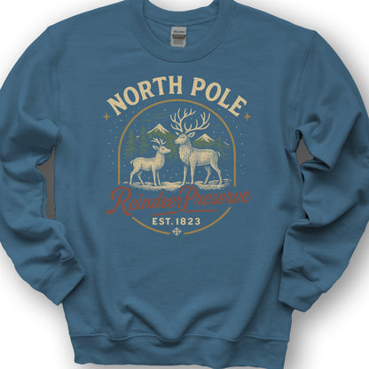 North Pole Reindeer Preserve Vintage Print Sweatshirt - Indigo Blue