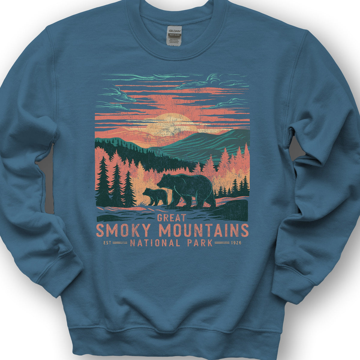 Great Smoky Mountains Sunset Bears Sweatshirt - Indigo Blue