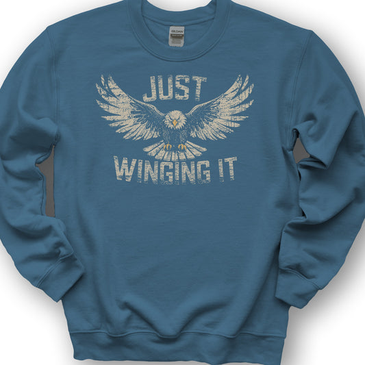 Just Winging It Distressed Sweatshirt - Indigo Blue
