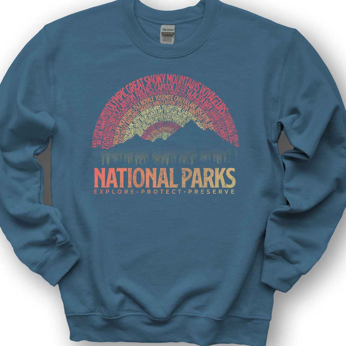National Parks Word Art "Vintage Sunset" Sweatshirt - Indigo Blue