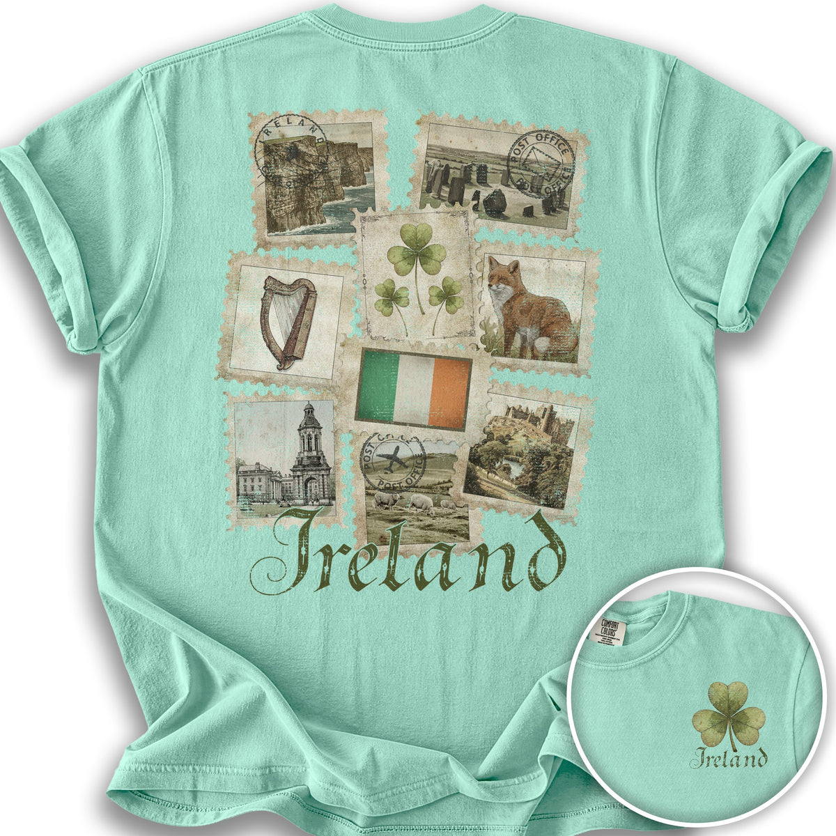 Ireland Vintage Stamps Front/Back Print T-Shirt - Island Reef