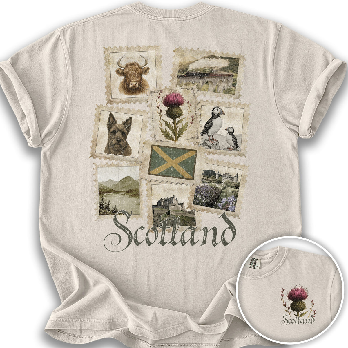 Scotland Vintage Stamps Front/Back Print T-shirt - Ivory