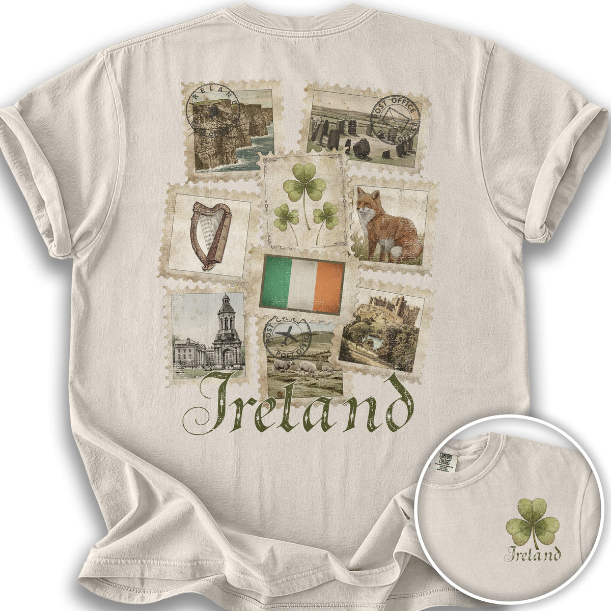 Ireland Vintage Stamps Front/Back Print T-Shirt - Ivory