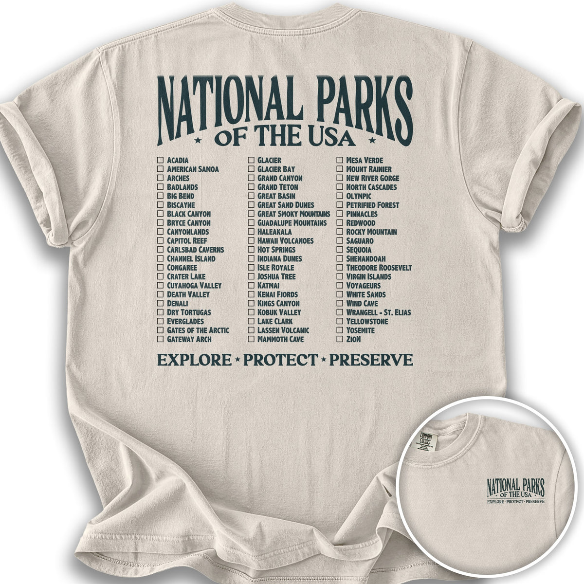 National Parks of the USA Checklist Front/Back Print T-Shirt - Ivory