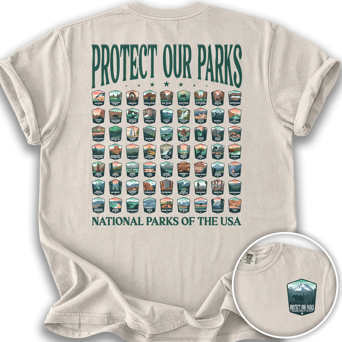 Protect our Parks Badges Front/Back Print T-Shirt - Ivory