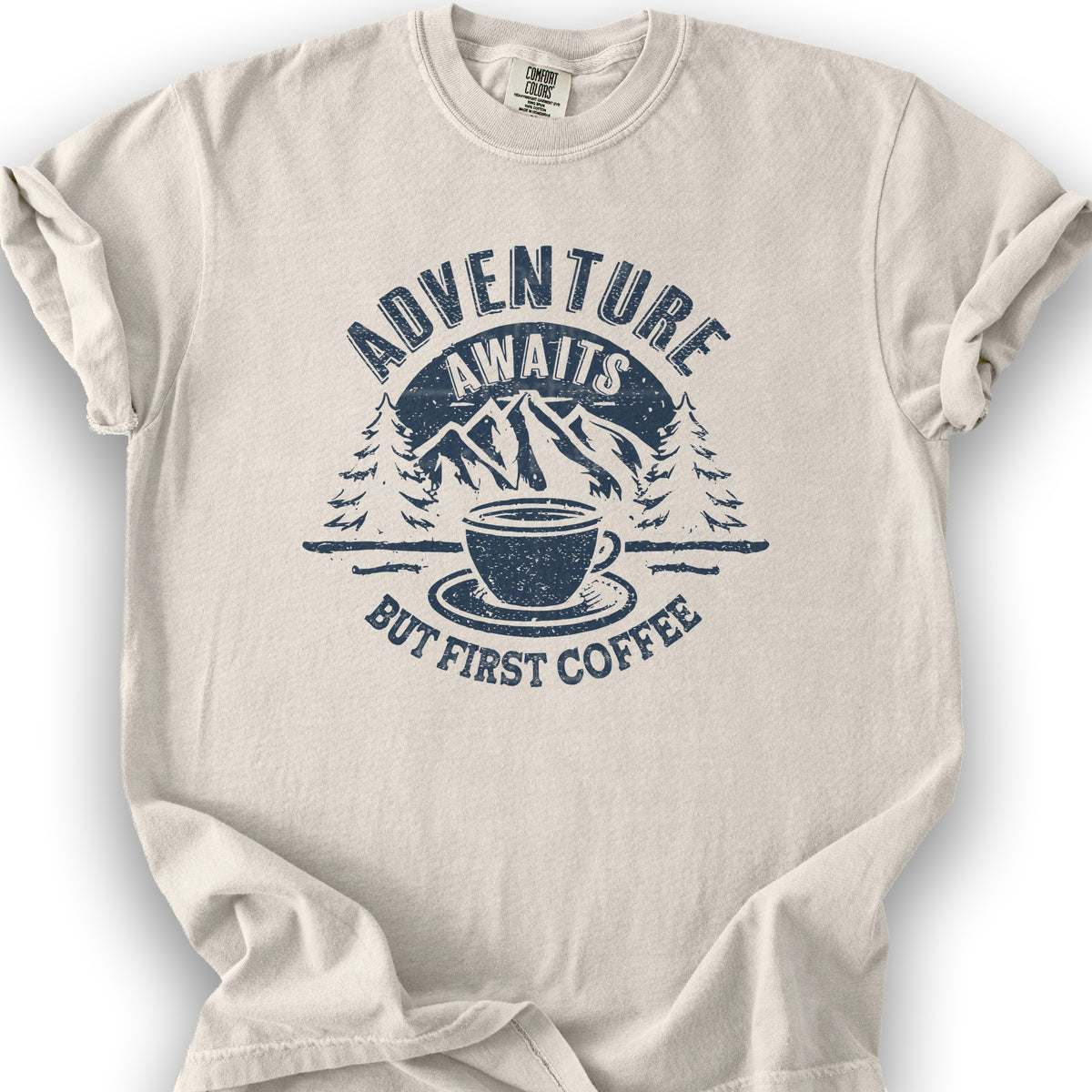 "Adventure Awaits But First Coffee" T-Shirt - Ivory