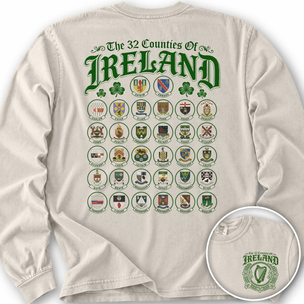 Ireland County Crests Front/Back Print Long Sleeve Shirt - Ivory