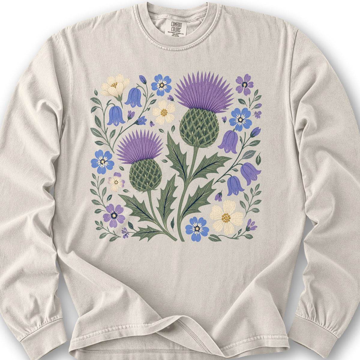 Scottish Thistle Floral Long Sleeve Shirt - Ivory