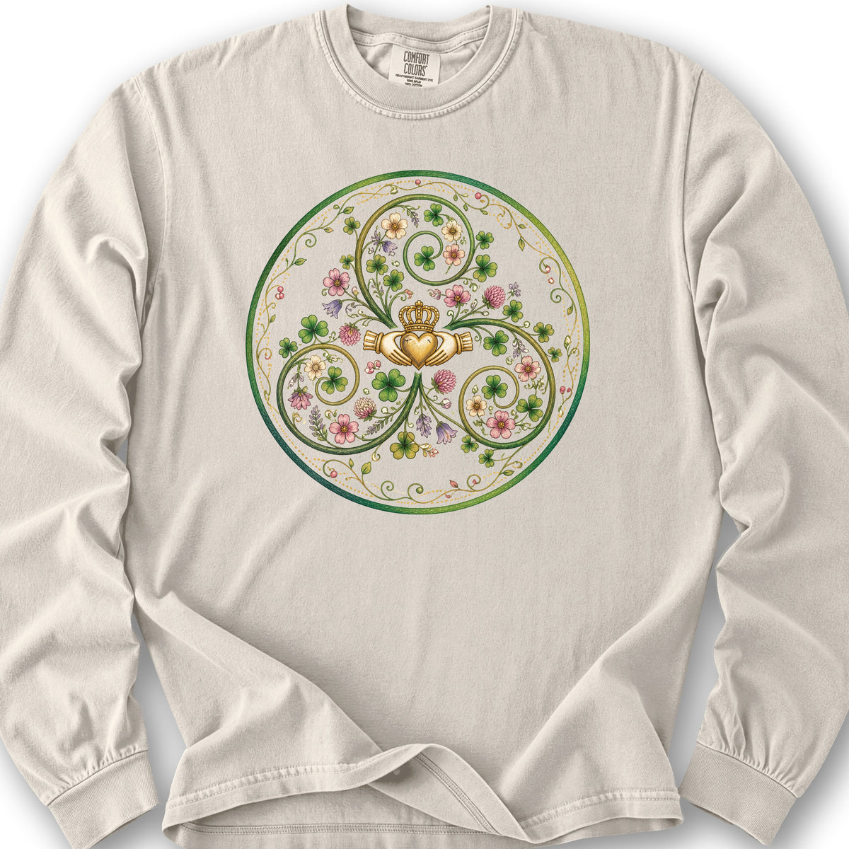 Claddagh Floral Triskele Long Sleeve Shirt - Ivory