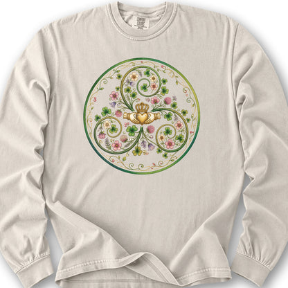 Claddagh Floral Triskele Long Sleeve Shirt - Ivory