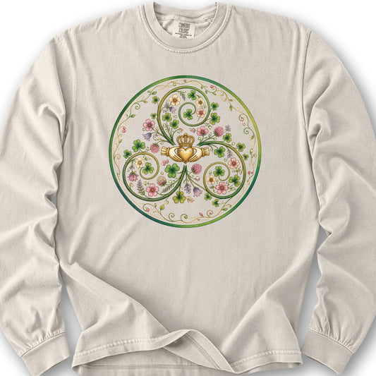 Claddagh Floral Triskele Long Sleeve Shirt - Ivory